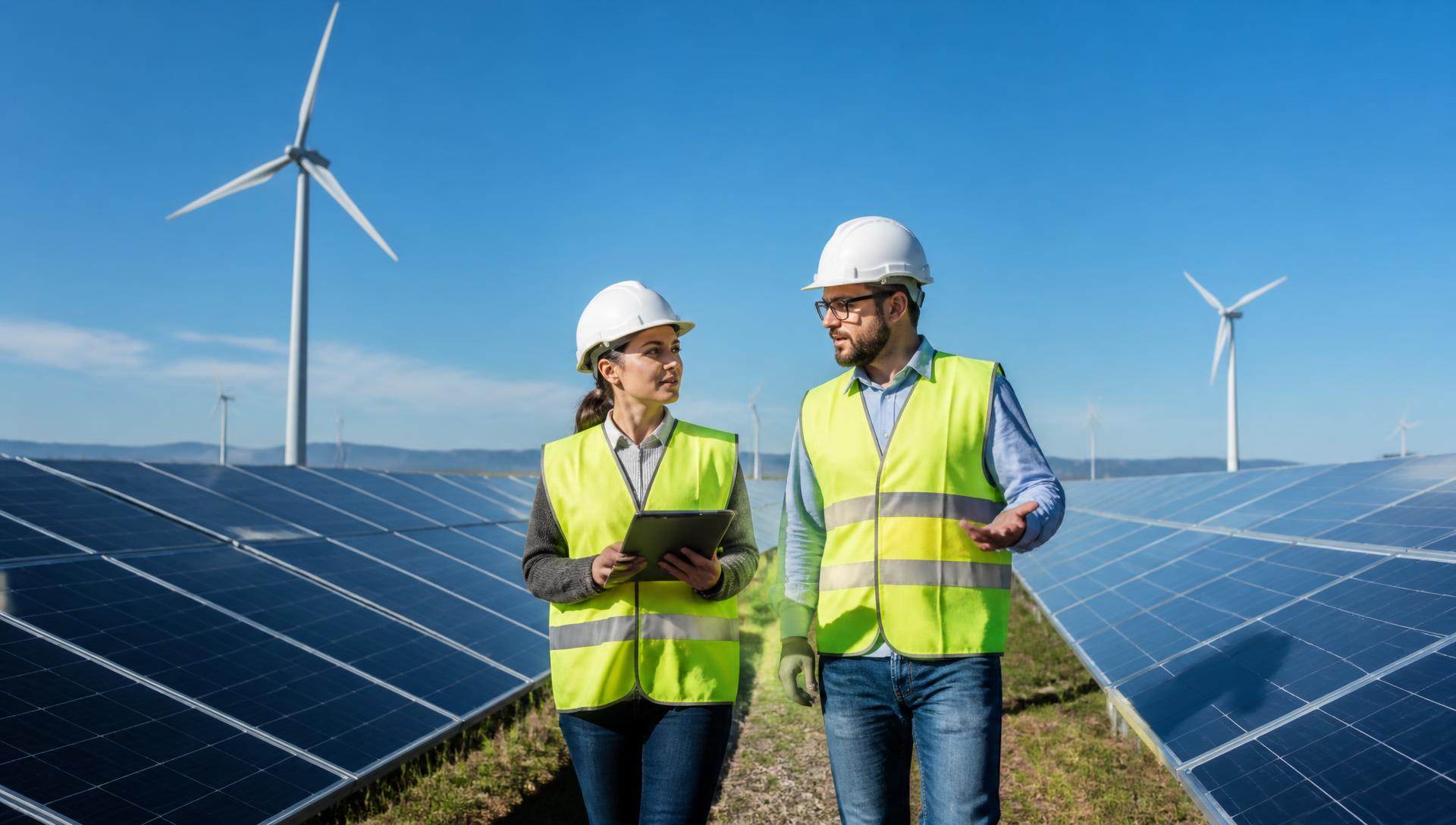 Solar engineers inspecting a photovoltaic array under a clear blue sky